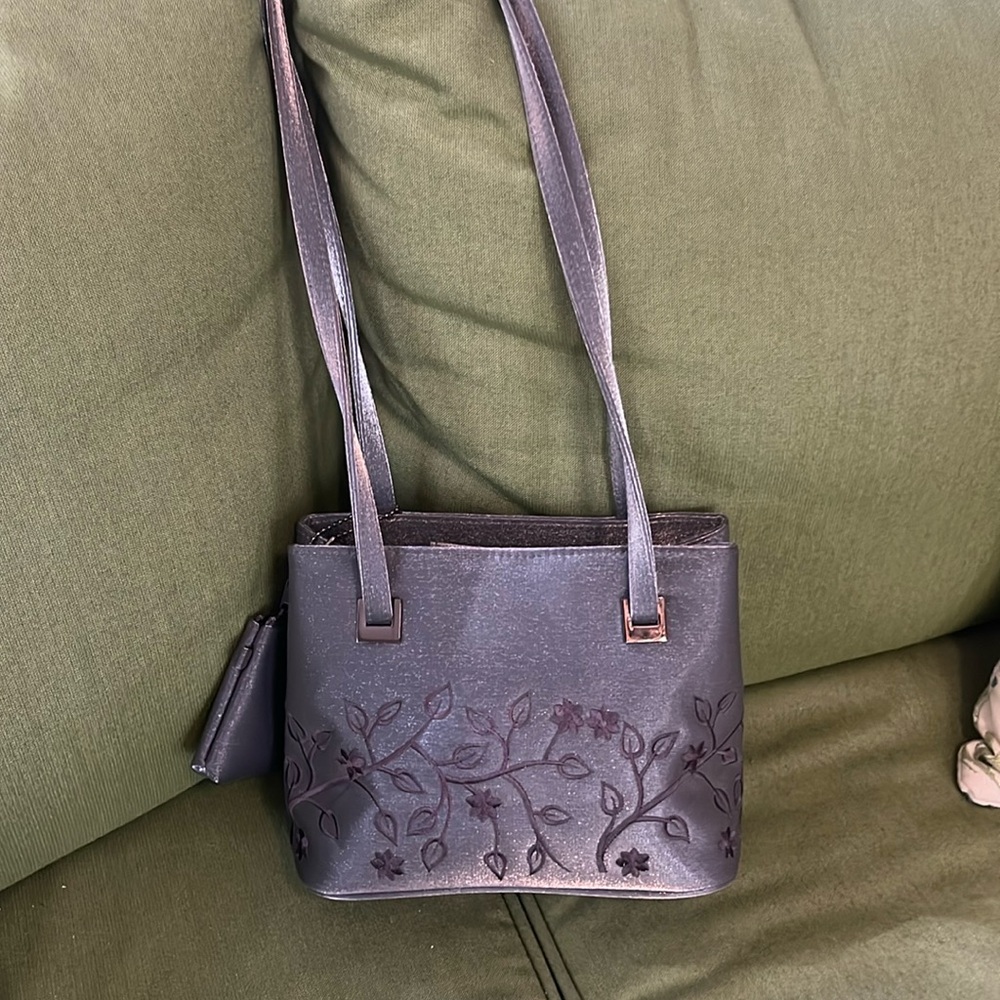Lovely gray/ silver satin embroidered purse with change purse